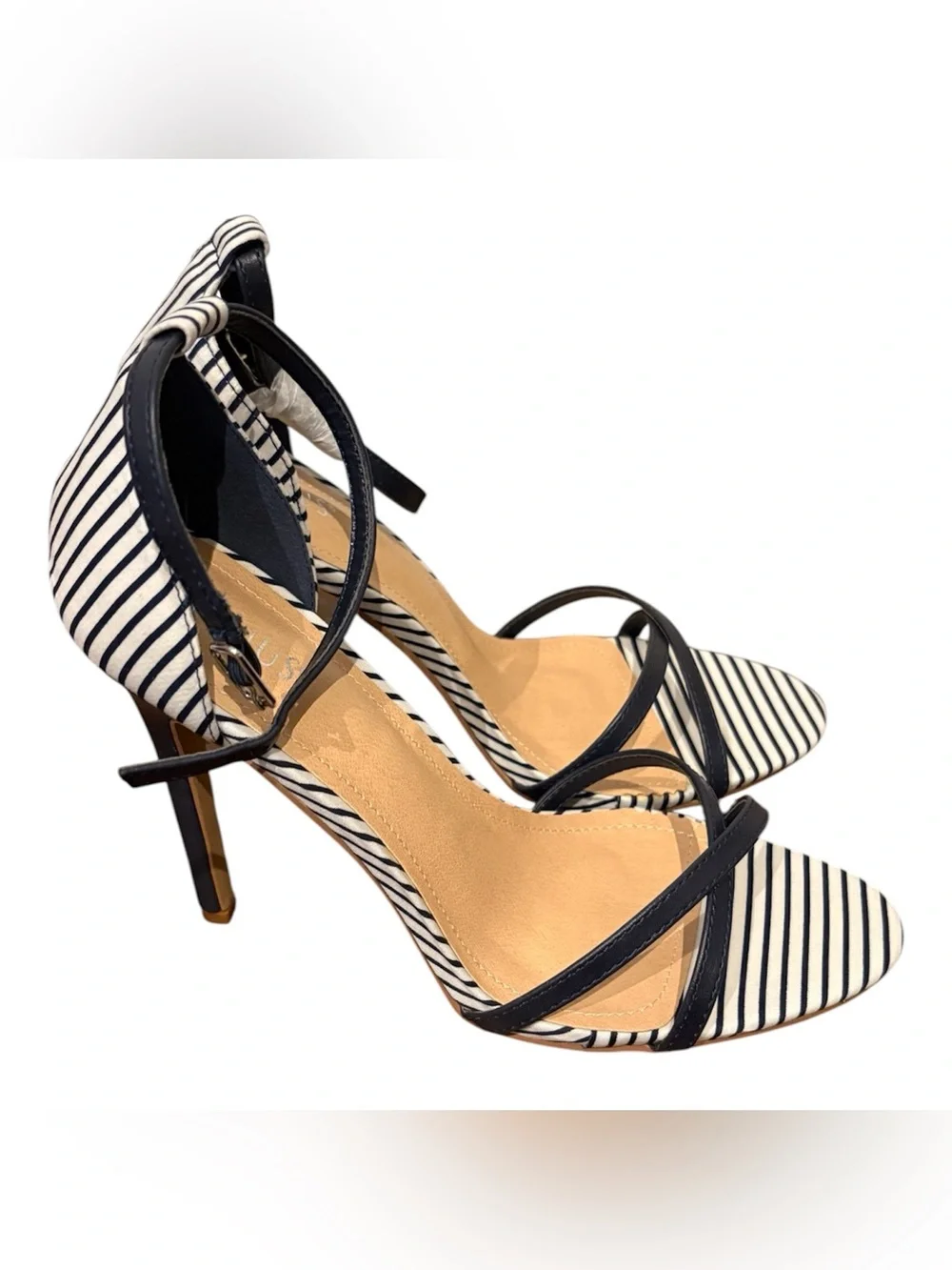 New VENUS Striped Navy and White Striped Ankle-Strap Heels